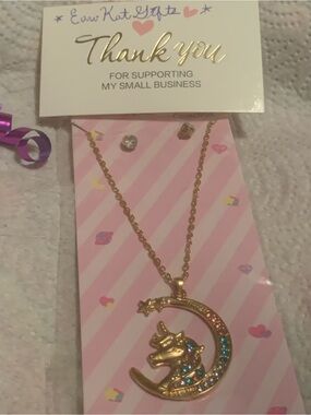 Private Label Gold Unicorn Moon Pendant Necklace Earring Set Pink Blue Crystals